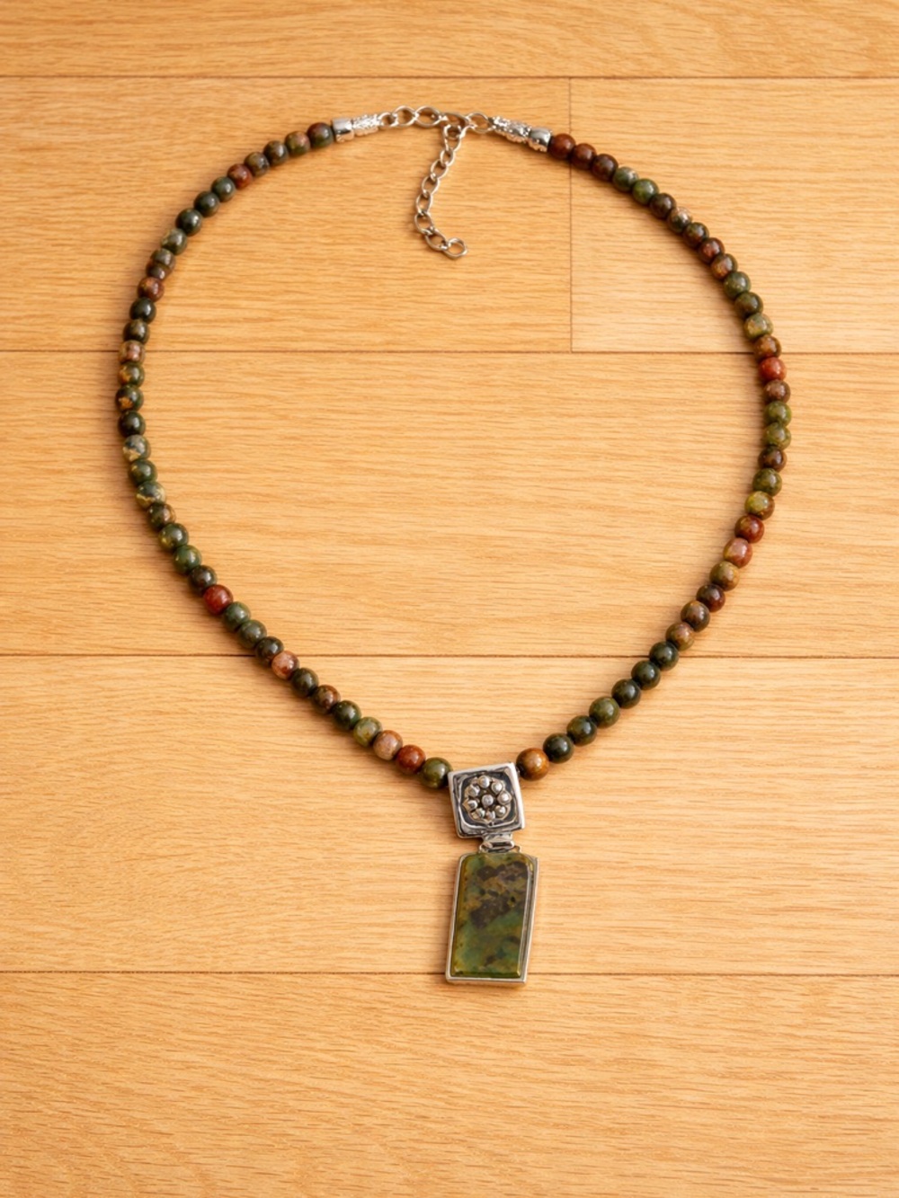 Vintage Beaded Necklace w/ Green Stone Pendant – Earthy Boho